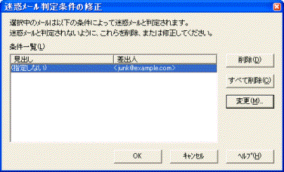 迷惑メール判定条件の修正ダイアログボックス
